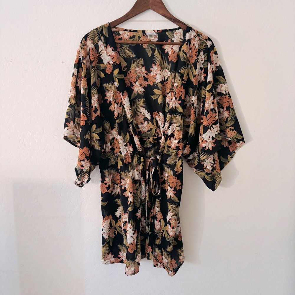 Black Pink‎ Floral Kimono Style Swim Cover Up L/XL
